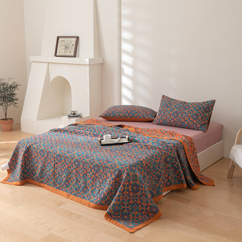 Zeslaags Katoenen Quilt Oranje en Blauw Patroon Omkeerbaar Dekbed Ademend Bedtextiel voor Modern Slaapkamerinterieur | Sulvida