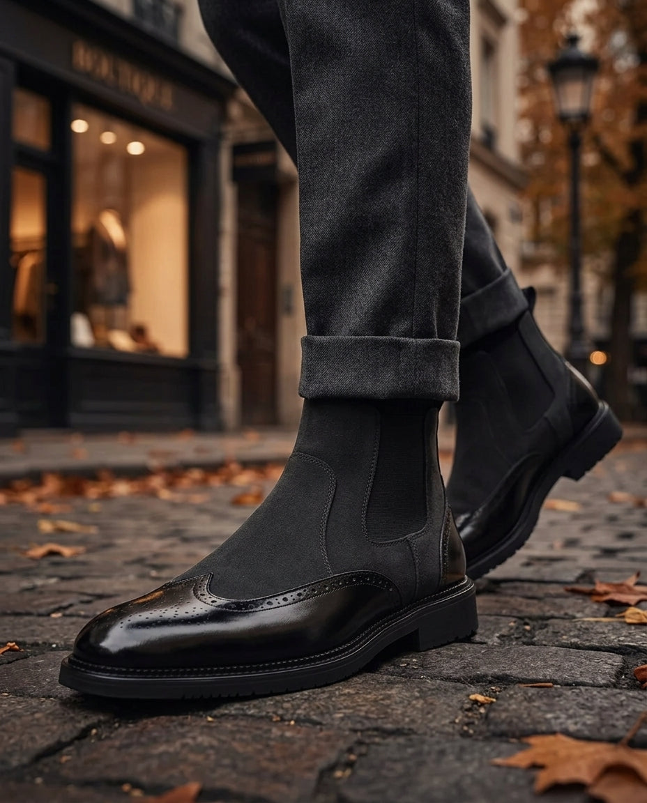 Chelsea Boots Heren Suède met Brogue Details Leren Instappers Elastische Zijpanelen Enkellaarzen Casual | Sulvida