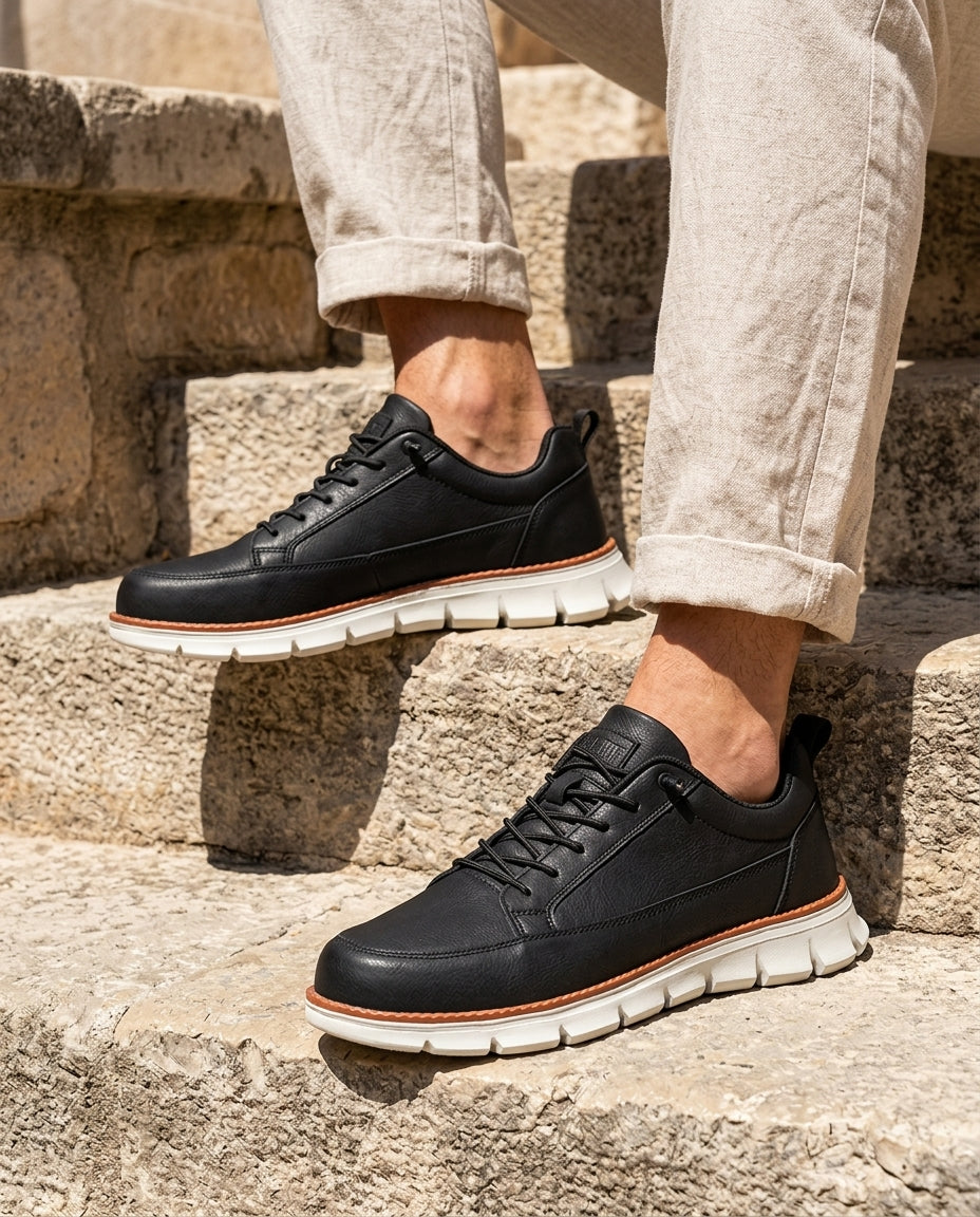 Herensneakers met orthopedische zool leer zwart blauw grijs casual comfortabel voor dagelijks gebruik | Sulvida