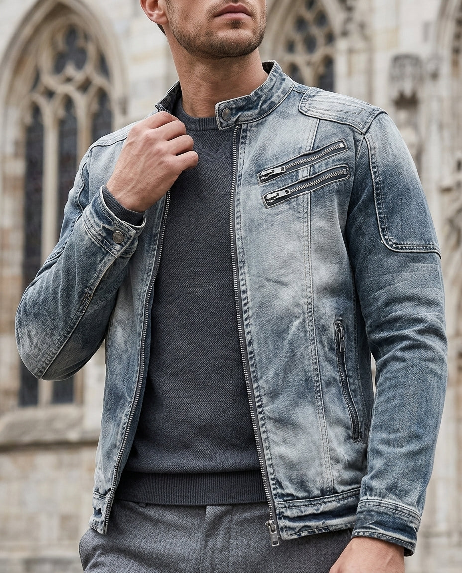 Veste en jean pour homme style motard vintage, denim gris, fermeture zippée, veste décontractée robuste, design audacieux, look vintage | Sulvida