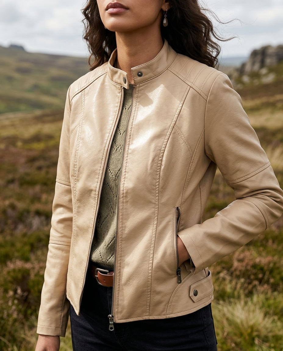 Korte Leren Damesjasje Kunstleer Mock Neck Cognac Beige Bruin Blauw Zwart Motor Biker Jack Herfst Winter | Sulvida