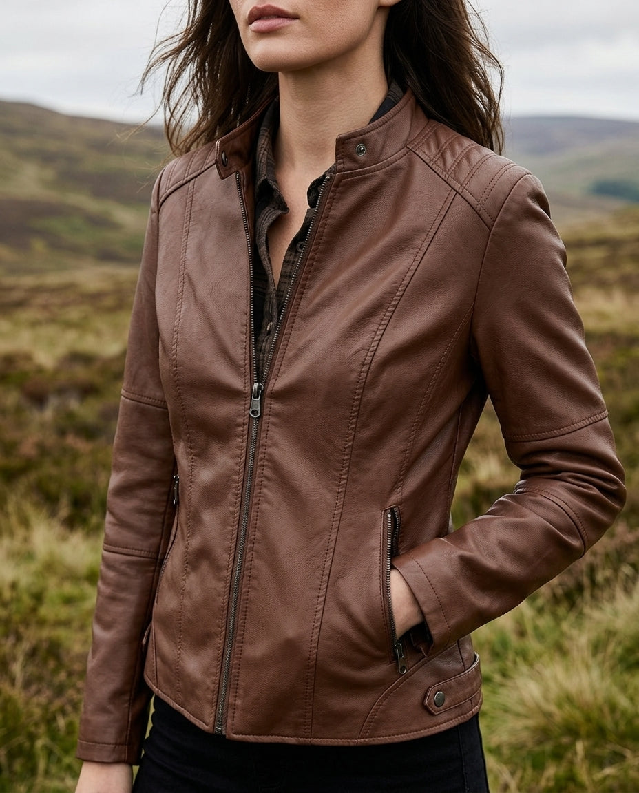 Korte Leren Damesjasje Kunstleer Mock Neck Cognac Beige Bruin Blauw Zwart Motor Biker Jack Herfst Winter | Sulvida