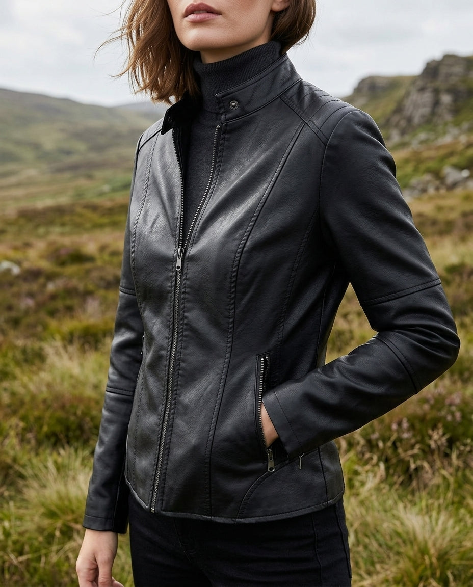 Korte Leren Damesjasje Kunstleer Mock Neck Cognac Beige Bruin Blauw Zwart Motor Biker Jack Herfst Winter | Sulvida