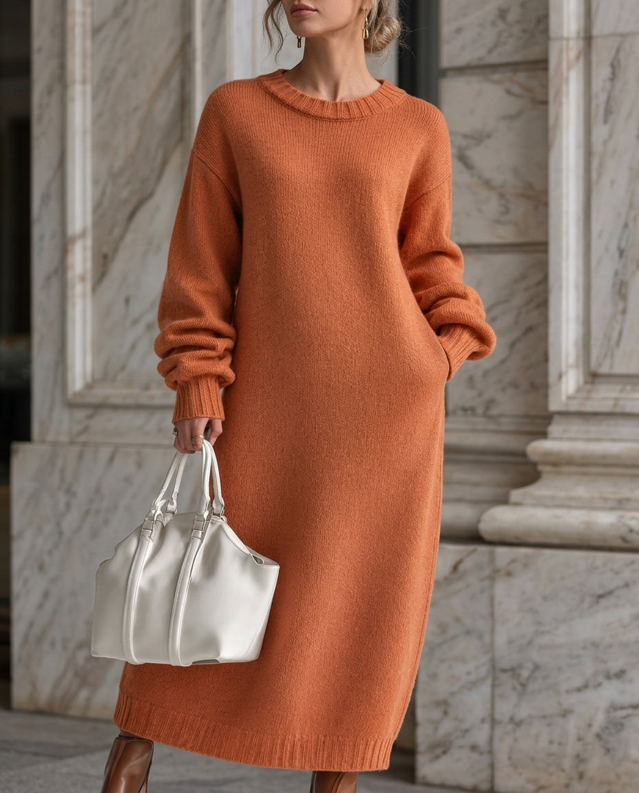 Robe longue maxi en maille côtelée pour femme, manches ballon oversize, robe longue d’hiver décontractée en maille | Sulvida
