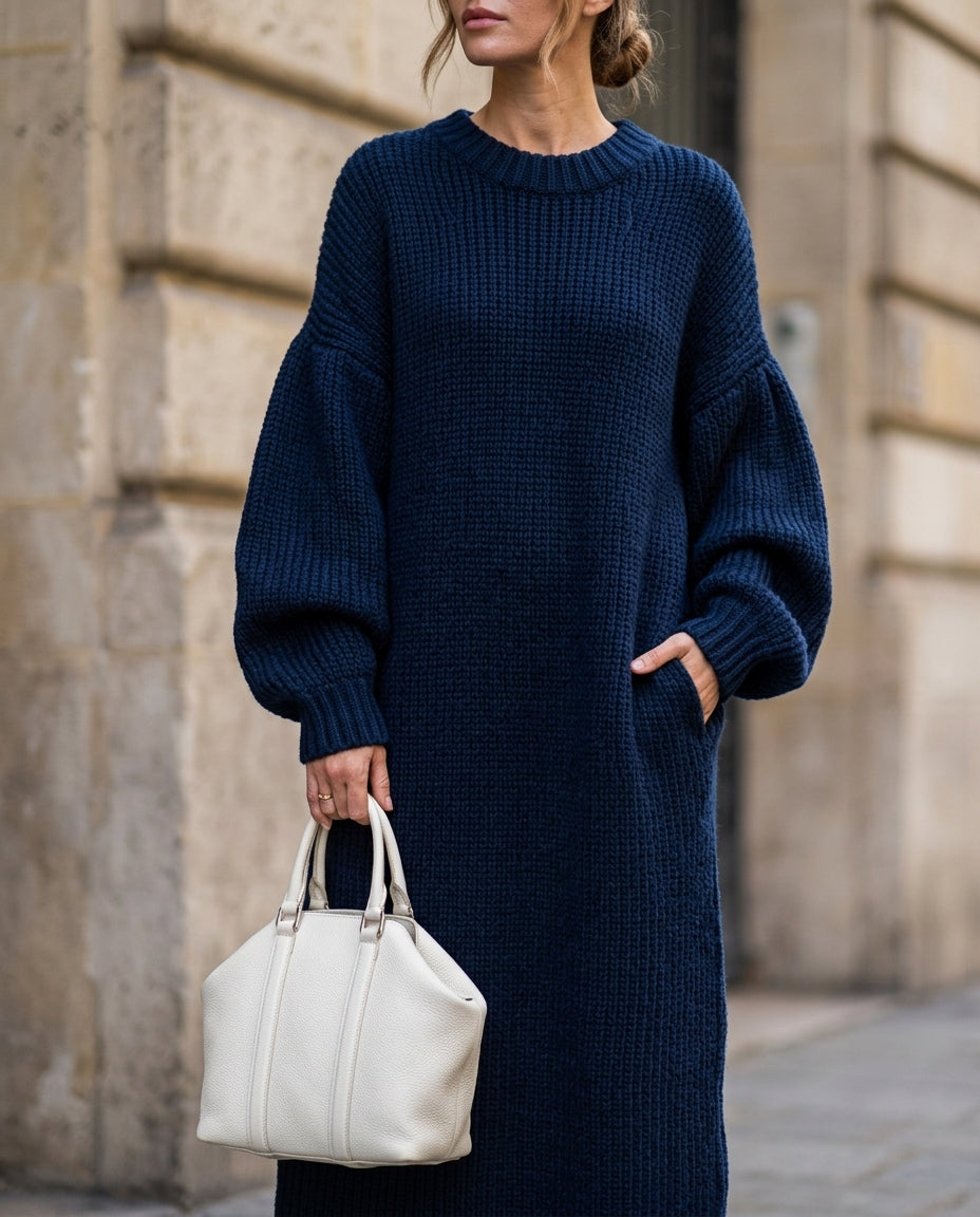 Robe longue maxi en maille côtelée pour femme, manches ballon oversize, robe longue d’hiver décontractée en maille | Sulvida