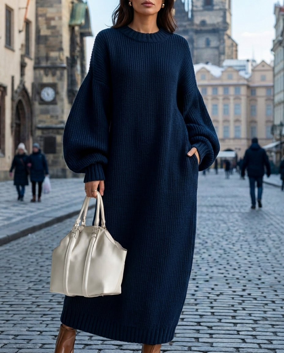 Robe-pull longue en maille pour femme - Robe-pull maxi oversize avec manches bouffantes et coupe ample | Sulvida