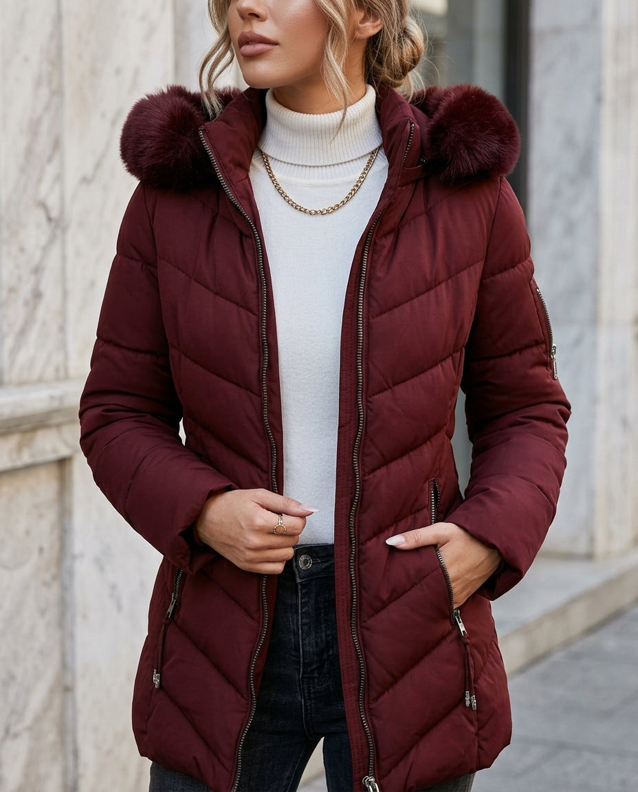 Gewatteerde Damesjas met Afneembare Nepbontkraag Winterjas Parka Getailleerd Warm Winterkleding Koude Dagen | Sulvida