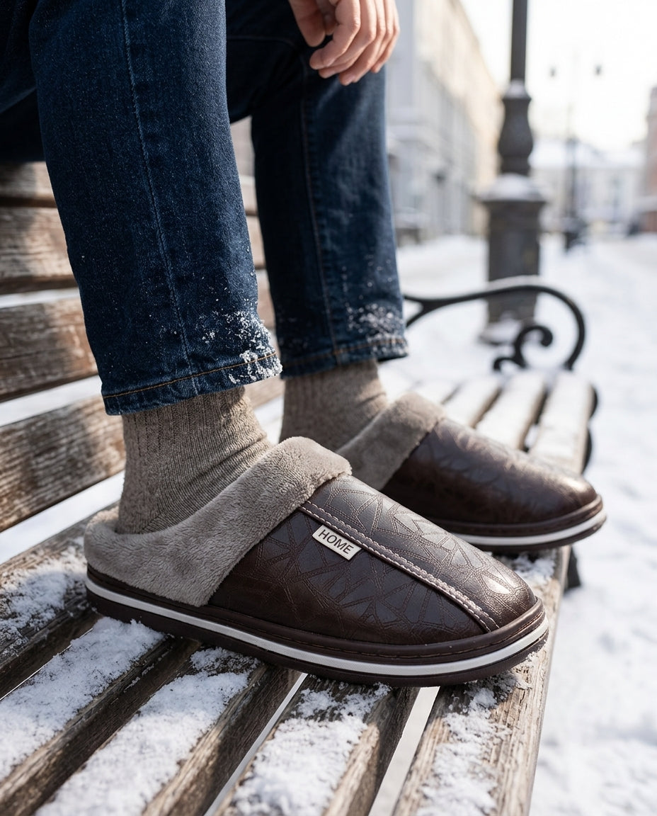 Heren Slippers met Teddy Voering Donzig Leer Antislip Zool Thuisschoen Warm Comfortabel Dik Voetbed Winter | Sulvida