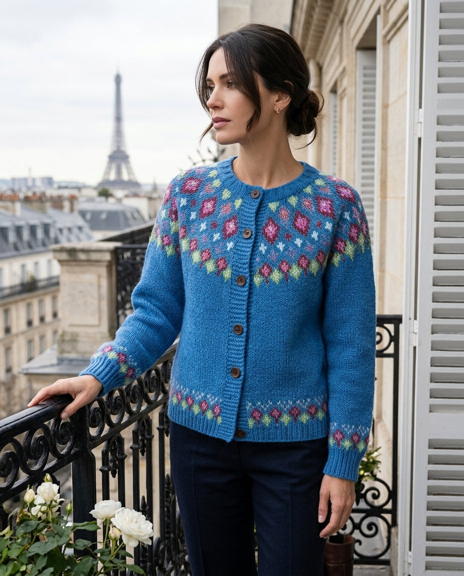 Gebreide Damesvest Fair Isle Patroon Raglanmouw Houten Knopen Geribbeld Boord Vintage Stijl Warm Comfortabel | Sulvida