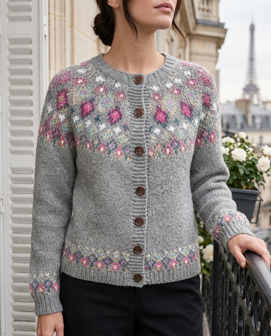 Gebreide Damesvest Fair Isle Patroon Raglanmouw Houten Knopen Geribbeld Boord Vintage Stijl Warm Comfortabel | Sulvida