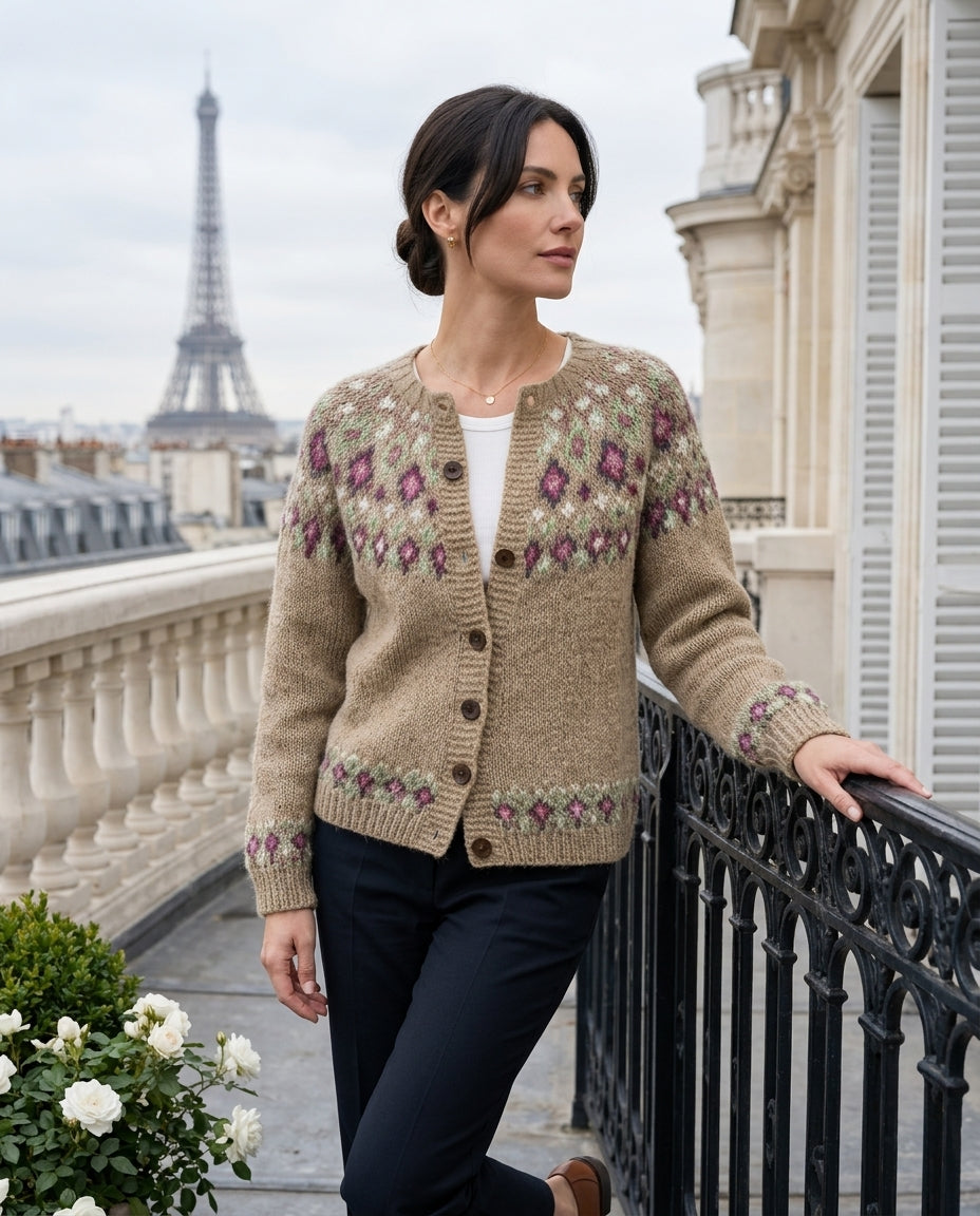 Gebreide Damesvest Fair Isle Patroon Raglanmouw Houten Knopen Geribbeld Boord Vintage Stijl Warm Comfortabel | Sulvida