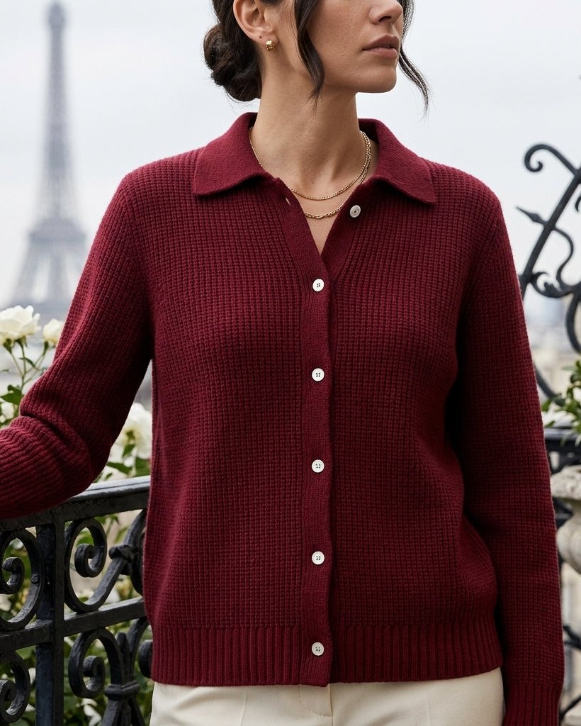 Geribbelde Cardigan met Knoopsluiting Dames Vest Lange Mouwen Casual Trui Dieprode Overslagtrui Gebreid | Sulvida