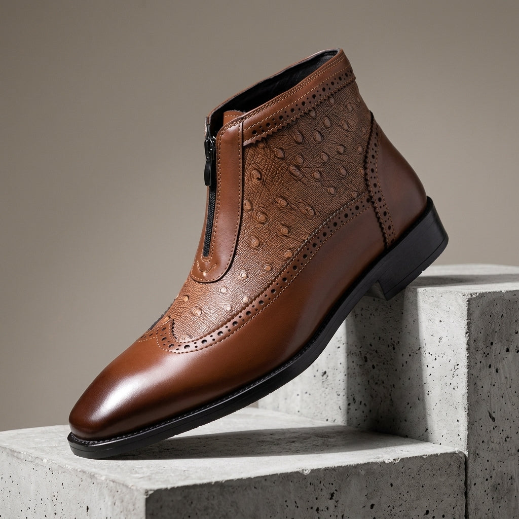 Leren herenlaarzen met gestructureerde afwerking ritssluiting cognac bruin herfst winter comfortabel | Sulvida