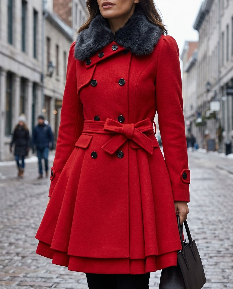 Manteau en laine pour femme avec basque et col en fourrure, élégant, cintré, superposé et chaud, idéal pour l’hiver | Sulvida