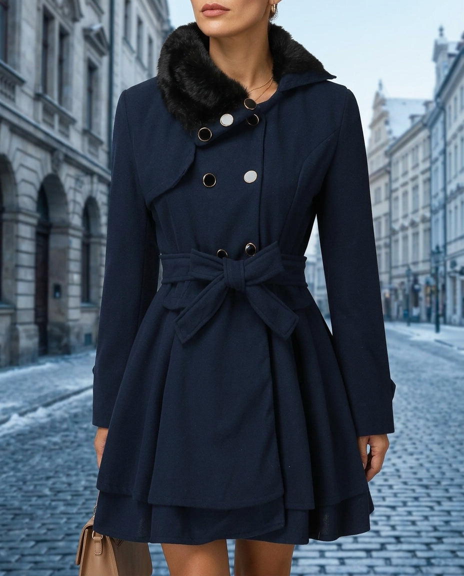Manteau en laine pour femme avec basque et col en fourrure, élégant, cintré, superposé et chaud, idéal pour l’hiver | Sulvida