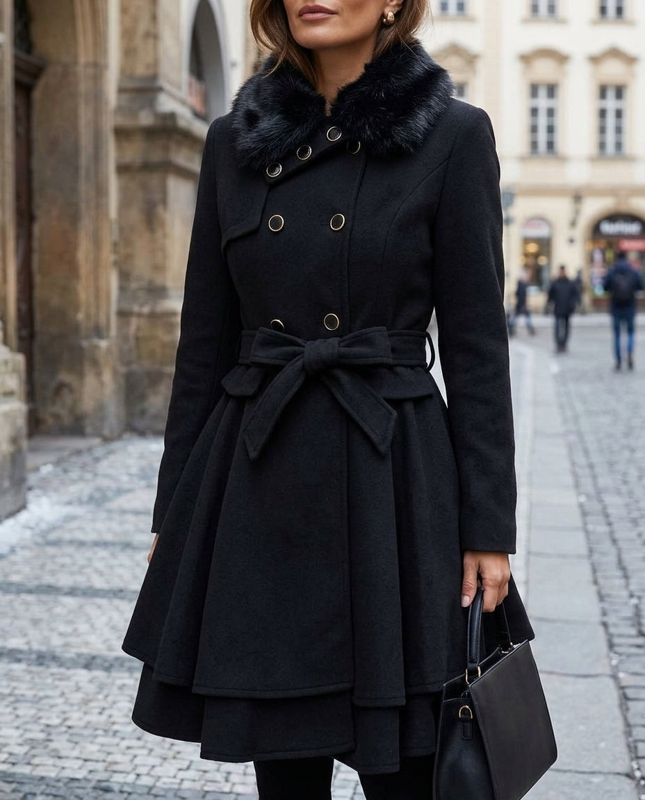 Manteau en laine pour femme avec basque et col en fourrure, élégant, cintré, superposé et chaud, idéal pour l’hiver | Sulvida