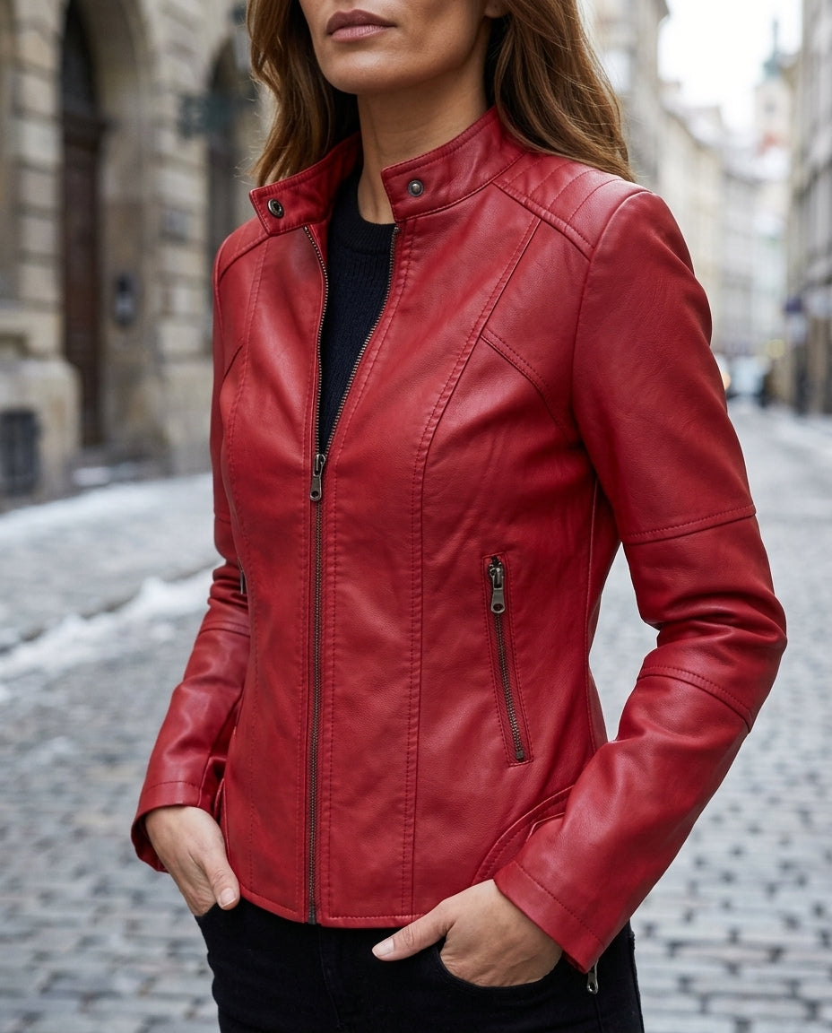 Leren Motorjack Dames Kort Gesneden Met Panelen Rood Zwart Beige Bruin Camel Moto Stijl Imitatieleer Biker | Sulvida