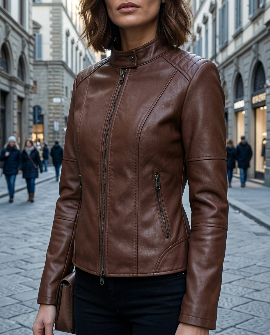 Leren Motorjack Dames Kort Gesneden Met Panelen Rood Zwart Beige Bruin Camel Moto Stijl Imitatieleer Biker | Sulvida
