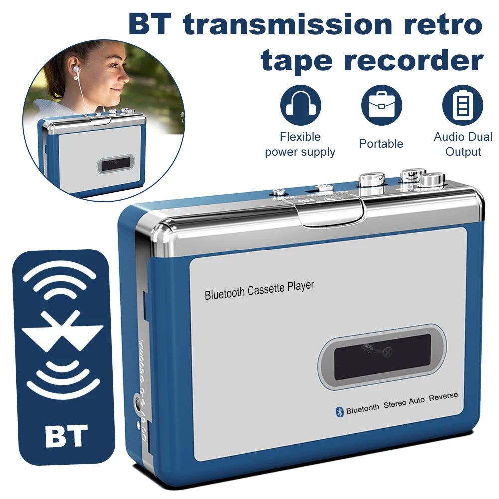 Lecteur de cassettes portable avec émetteur Bluetooth et fonction de rembobinage automatique, lecteur de musique rétro, audio vintage | Sulvida
