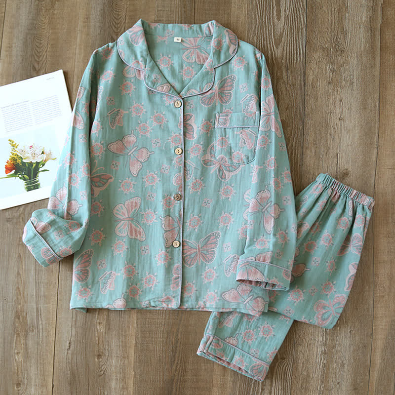 Vintage Vlindermotief Katoenen Loungewear Pyjama Set met Lange Mouwen voor Comfortabele Ontspanning Dames Thuiskleding Nachtkleding Huispak | Sulvida