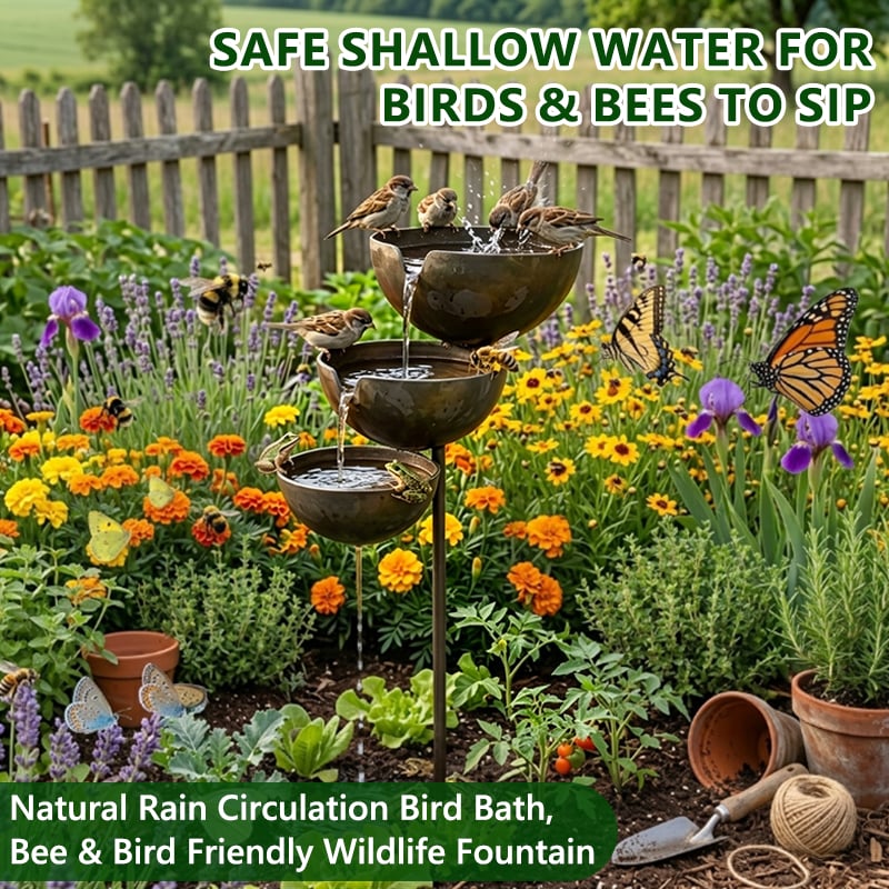 Metalen Vogelbad met Natuurlijke Regenwateropvang Rustiek Trapsgewijs Ontwerp Decoratief Tuinornament | Sulvida