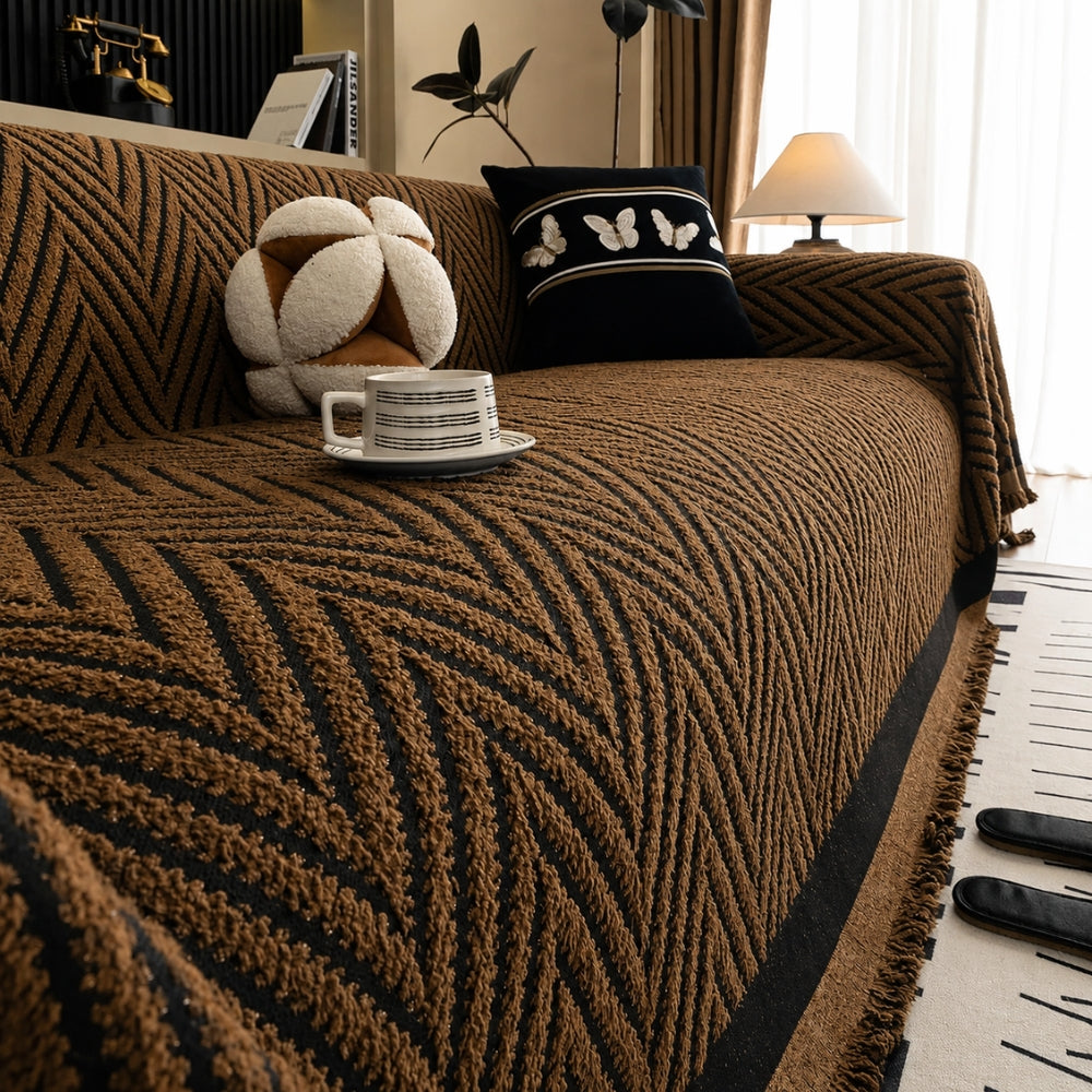 Chevron bankkleed met franjes terracotta ivoor antraciet jacquard geweven bankdeken decoratieve plaid woonkamer | Sulvida
