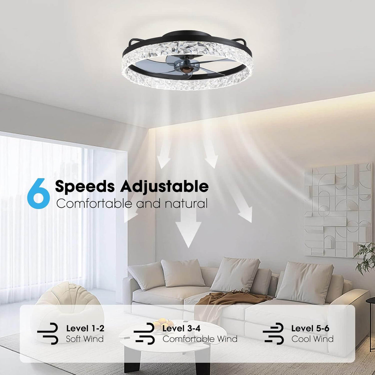 Ronde plafondventilator met verlichting dimbaar 50 cm modern design LED-strip afstandsbediening slaapkamer | Sulvida