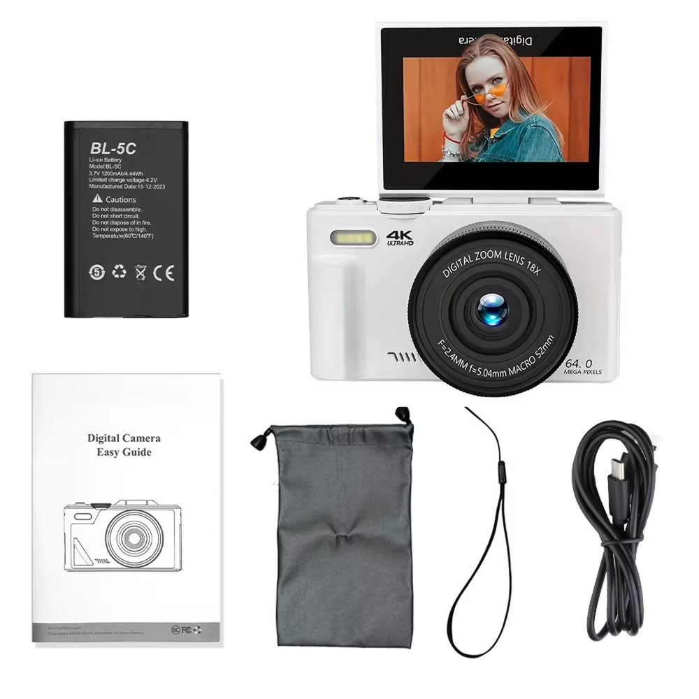 Caméra vlog numérique 4K avec zoom 18× et écran rabattable, caméscope vintage noir et blanc, compact, pour YouTube | Sulvida