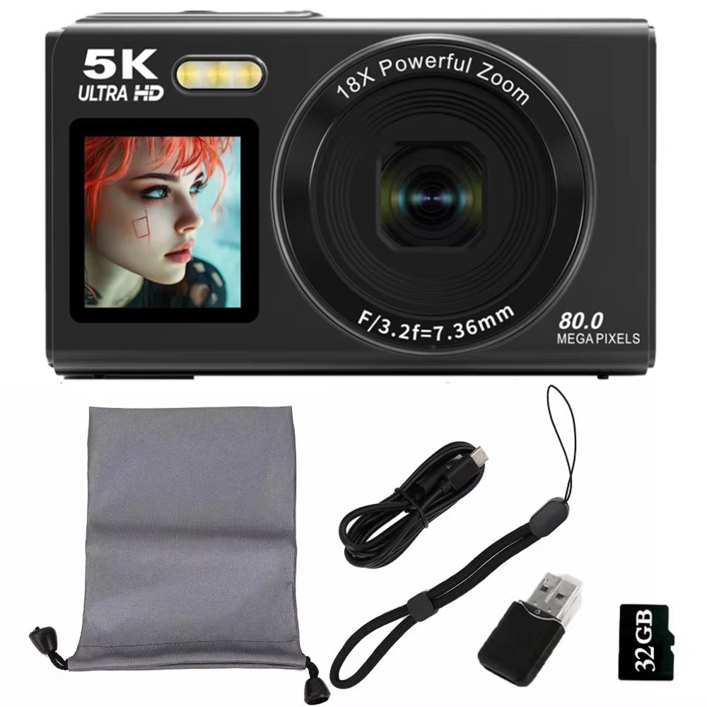 Appareil photo numérique vidéo 5K, 80 MP, double écran, zoom 18x et autofocus, pour le vlogging, les selfies et les voyages | Sulvida