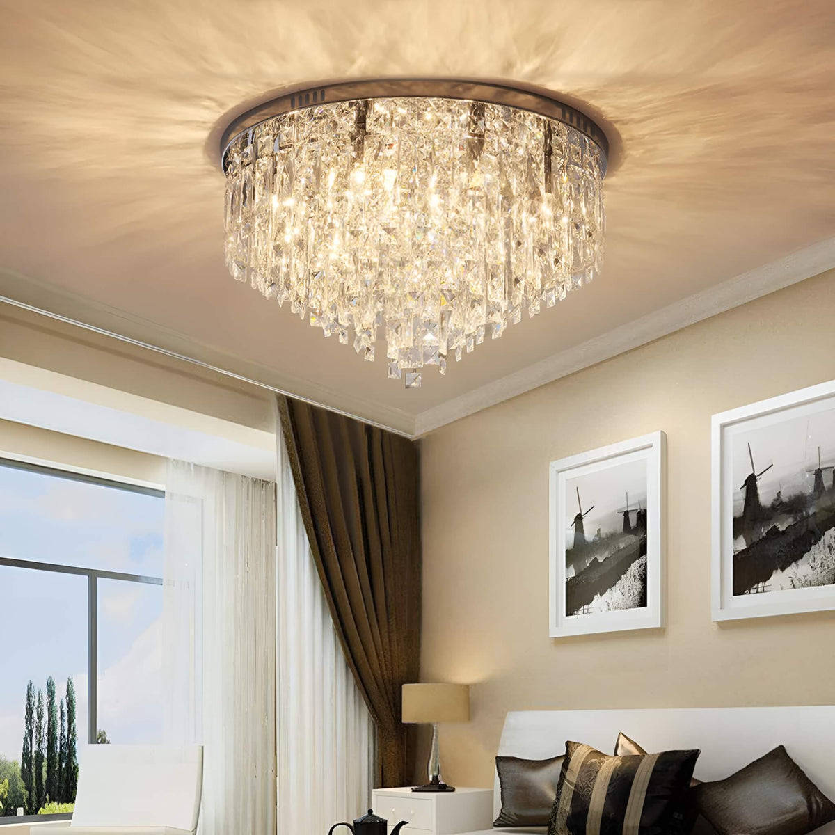 Kristallen plafondlamp rond chroom Ø30-60cm hangverlichting glamour slaapkamer woonkamer kroonluchter | Sulvida