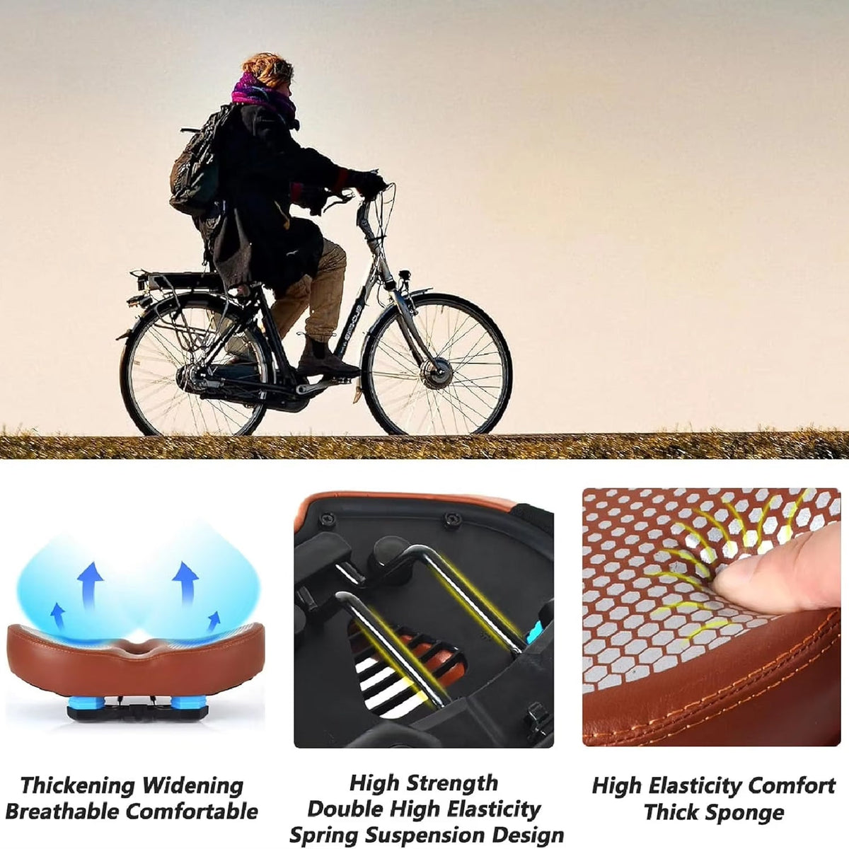 Selle de vélo sans nez confortable avec système de suspension pour les longues sorties, réduction optimale de la pression et confort d’assise | Sulvida