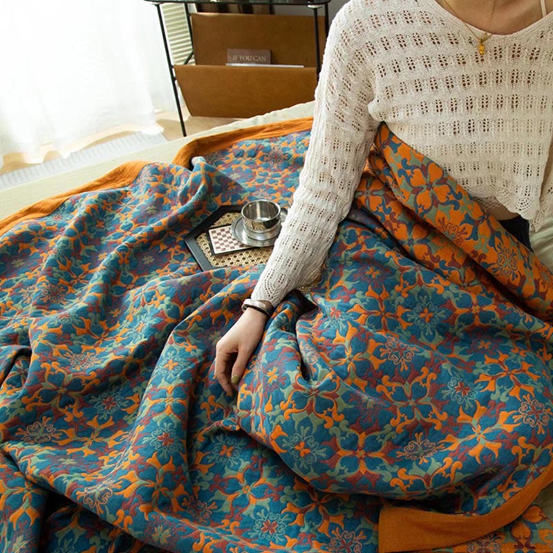 Zeslaags Katoenen Quilt Oranje en Blauw Patroon Omkeerbaar Dekbed Ademend Bedtextiel voor Modern Slaapkamerinterieur | Sulvida