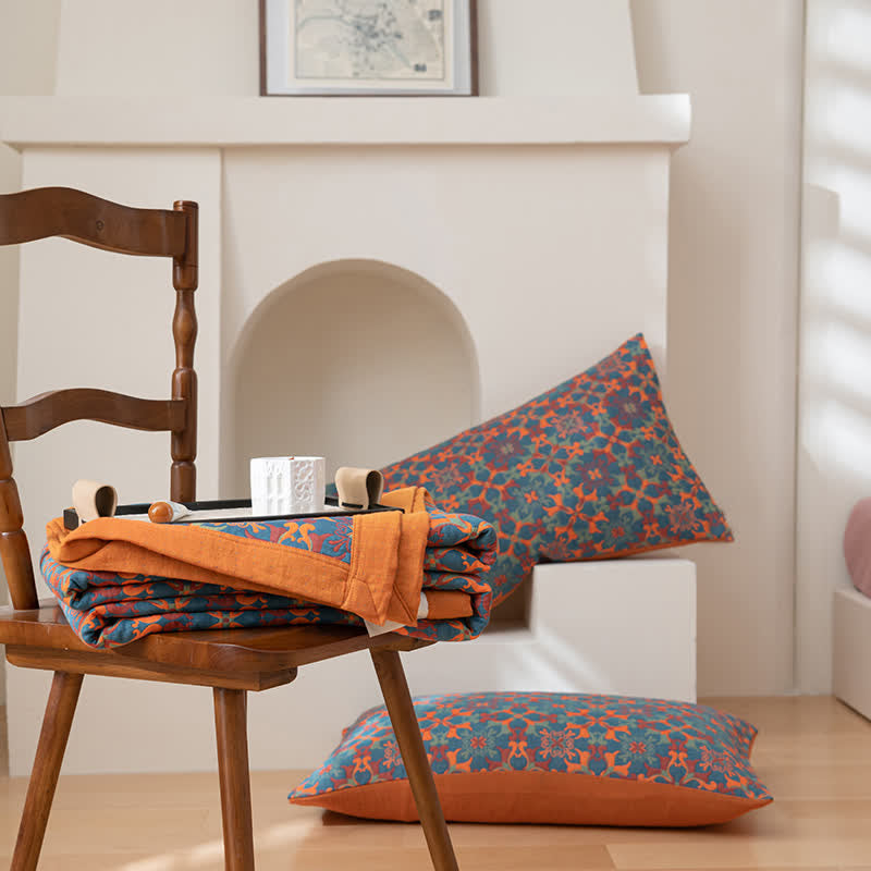 Zeslaags Katoenen Quilt Oranje en Blauw Patroon Omkeerbaar Dekbed Ademend Bedtextiel voor Modern Slaapkamerinterieur | Sulvida