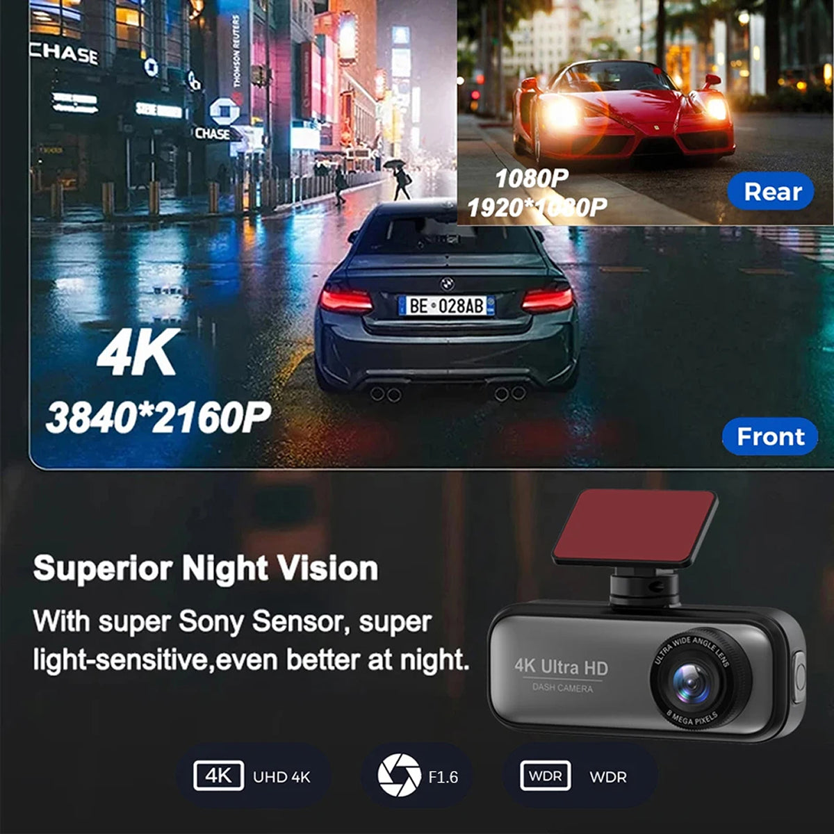 Dashcam 4K voor- en achter WiFi GPS 24/7 parkeerfunctie Sony-sensor nachtzicht dubbele camera auto dashboardcamera | Sulvida