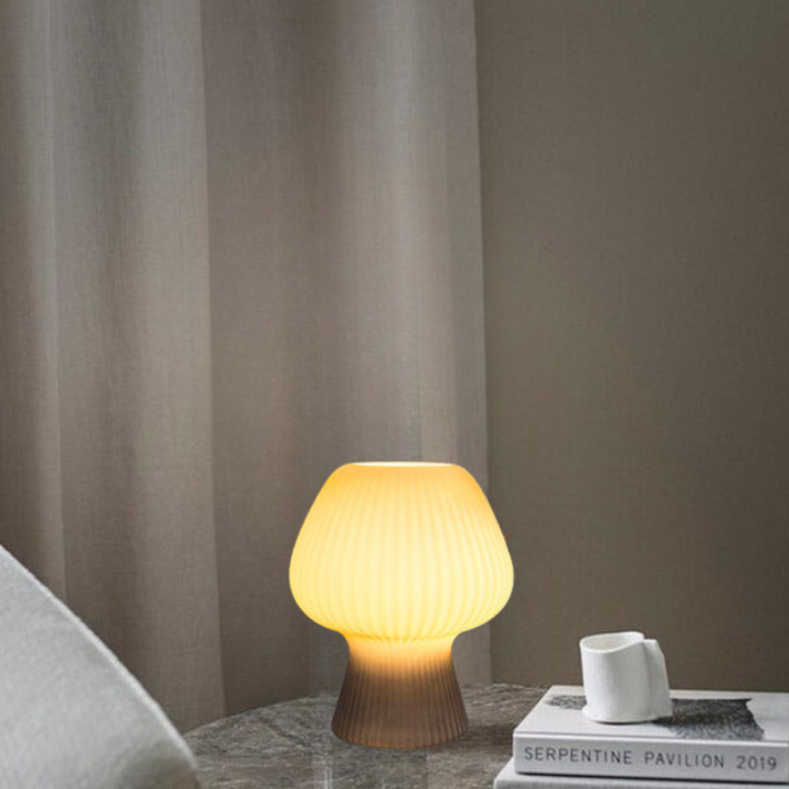 Glazen Paddenstoellamp Tafellamp Vintage Sfeerlicht Bedlampje Geribbeld Glas Warm Licht Dimbaar Slaapkamer Nachtkastje | Sulvida