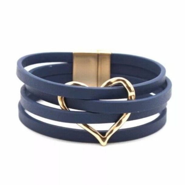 Leren Wikkelarmband Meerlaags Decoratief O-Detail Magneet Zwart Bruin Groen Navy Blauw Zilver Rood Hart | Sulvida