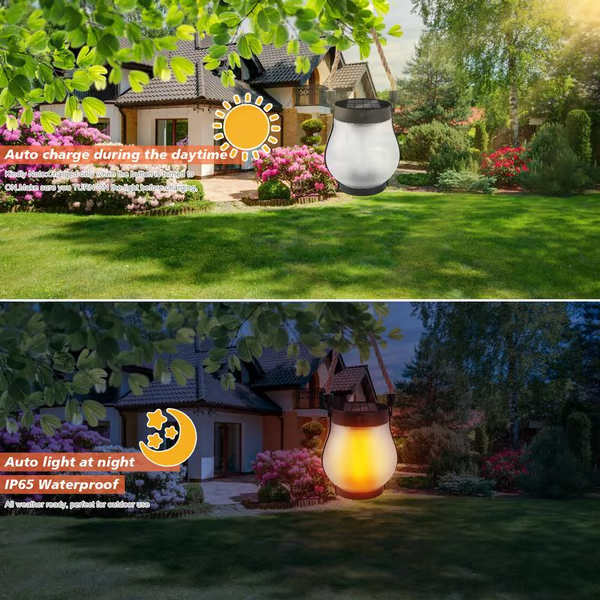 Solar Buitenlantaarn met Flakkerlicht | Dansende Vlam LED Tuinlantaarn Zonne-energie Waterdicht Ophangbaar | Sulvida