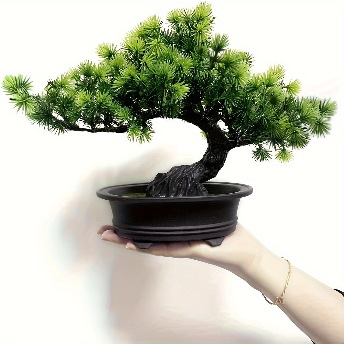 Bonsaï décoratif artificiel de 24 cm de haut avec pot noir, sans entretien, plante artificielle verte pour l’intérieur | Sulvida