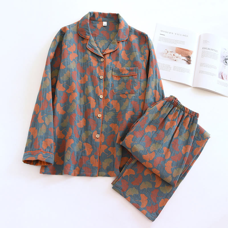 Dames Loungewear Set Katoen met Ginkgo Bladprint - Zacht Ademend Nachtkleding Setje voor Lente Zomer - Knoop Pyjamaset voor Vrouwen | Sulvida