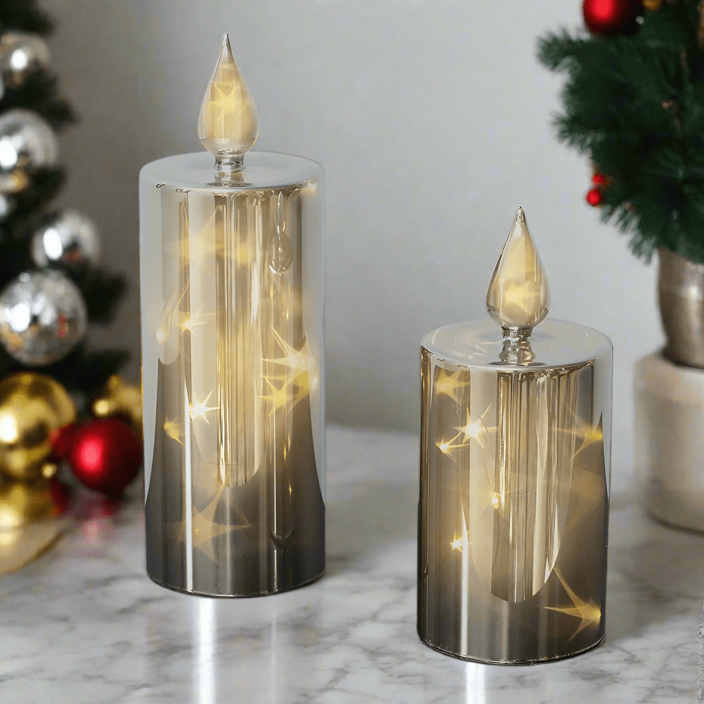 LED Glazen Sfeerkaars Set met Rookglas Effect 2 Stuks Lichtslingers Timer 6 Uur Sterrenlicht voor Tafeldecoratie | Sulvida