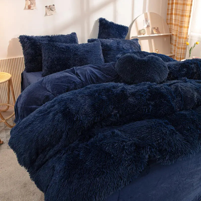 Plüsch-Fleece-Bettwäsche-Set, winterwarm, Teddy, 3-4-teilig, mit Bezug, Laken und Kissenbezügen | Sulvida