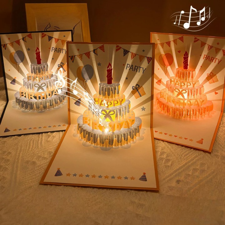 3D Pop-up Verjaardagskaart met LED-verlichting en Muziek Handgemaakt Wenskaart Taart Design 15x15cm Feestelijk | Sulvida