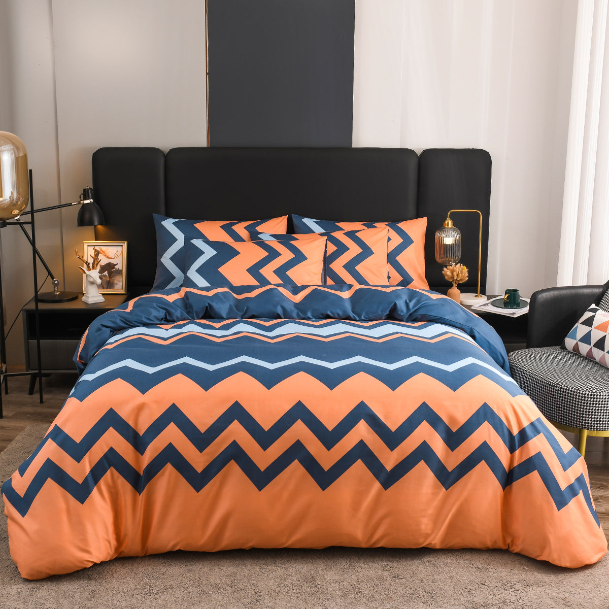 Dekbedovertrek Set Abstract Patroon Blauw Oranje Geometrisch Modern Zigzag Retro Design Stijlvol Slaapkamer | Sulvida