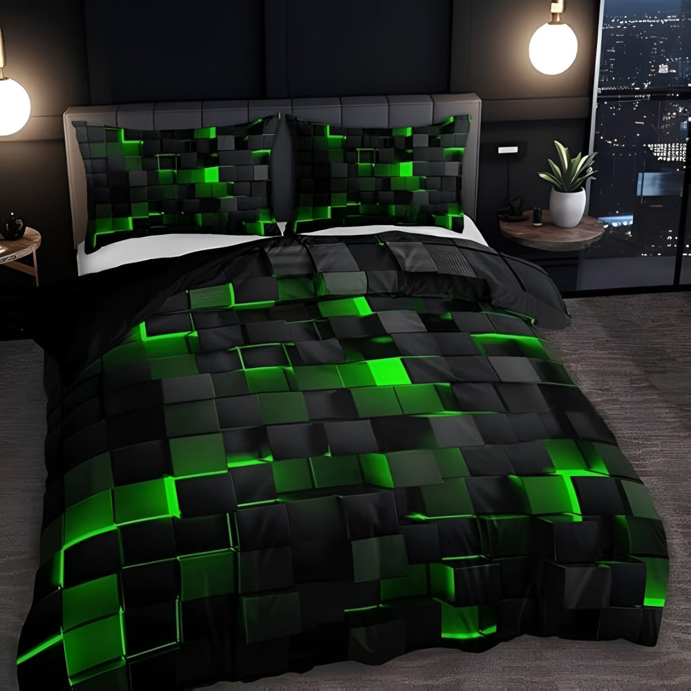 Dekbedovertrek Set Geometrisch Neonpatroon 3-Delig Microvezel Katoen 3D Grid Design All Season Tweepersoons | Sulvida