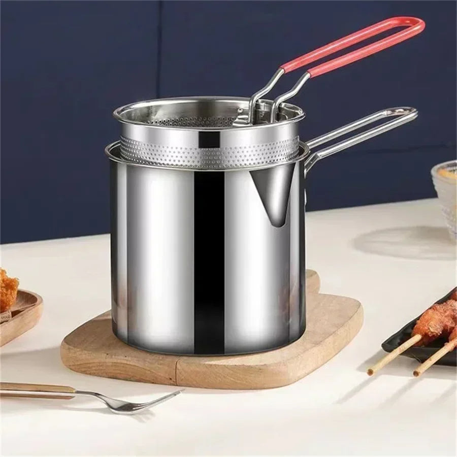 Frituurpan met zeef 1200ml RVS - diepe friturepen pan met handgreep - professioneel keukenservies voor frituren | Sulvida