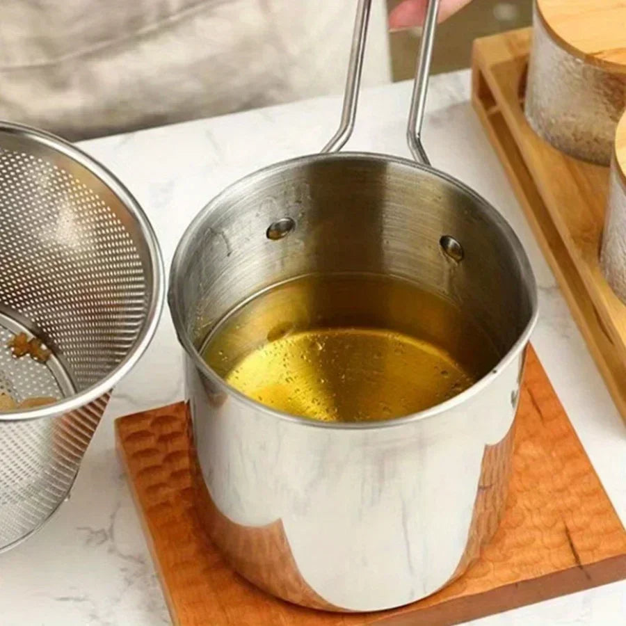 Frituurpan met zeef 1200ml RVS - diepe friturepen pan met handgreep - professioneel keukenservies voor frituren | Sulvida
