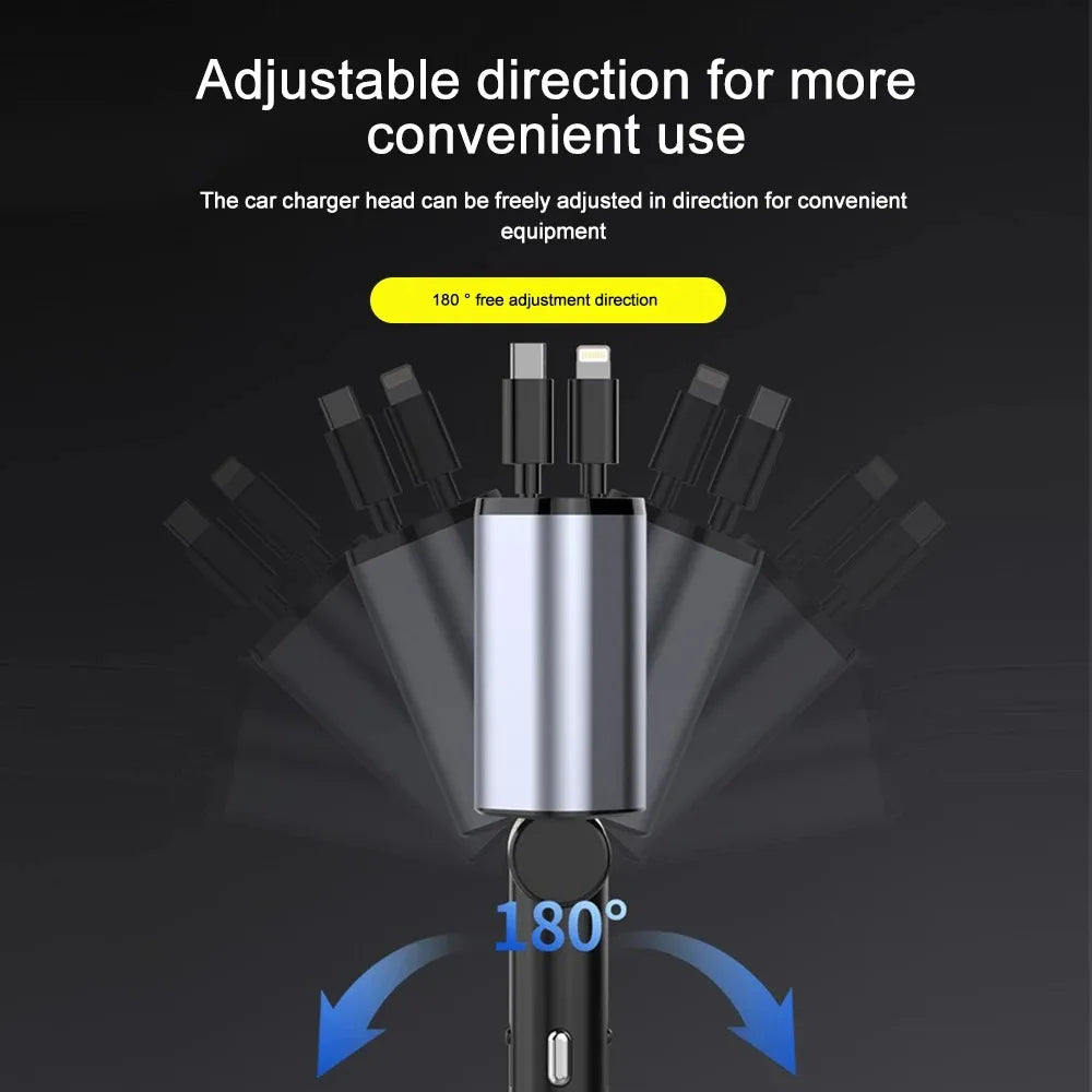 Auto Oplader Intrekbaar 120W USB-C Lightning Fast Charge Sigarettenaansteker Adapter Dual Port Snel Laden | Sulvida