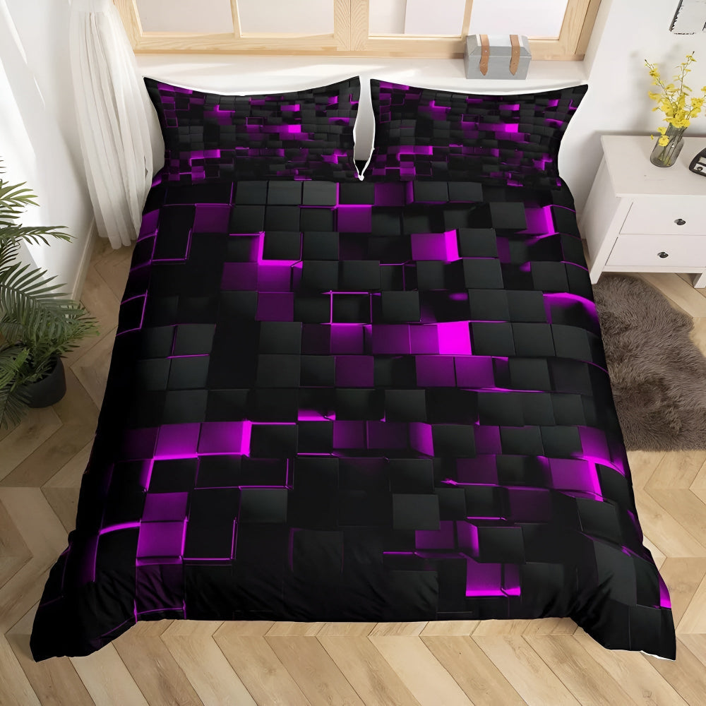 Dekbedovertrek Set Geometrisch Neonpatroon 3-Delig Microvezel Katoen 3D Grid Design All Season Tweepersoons | Sulvida