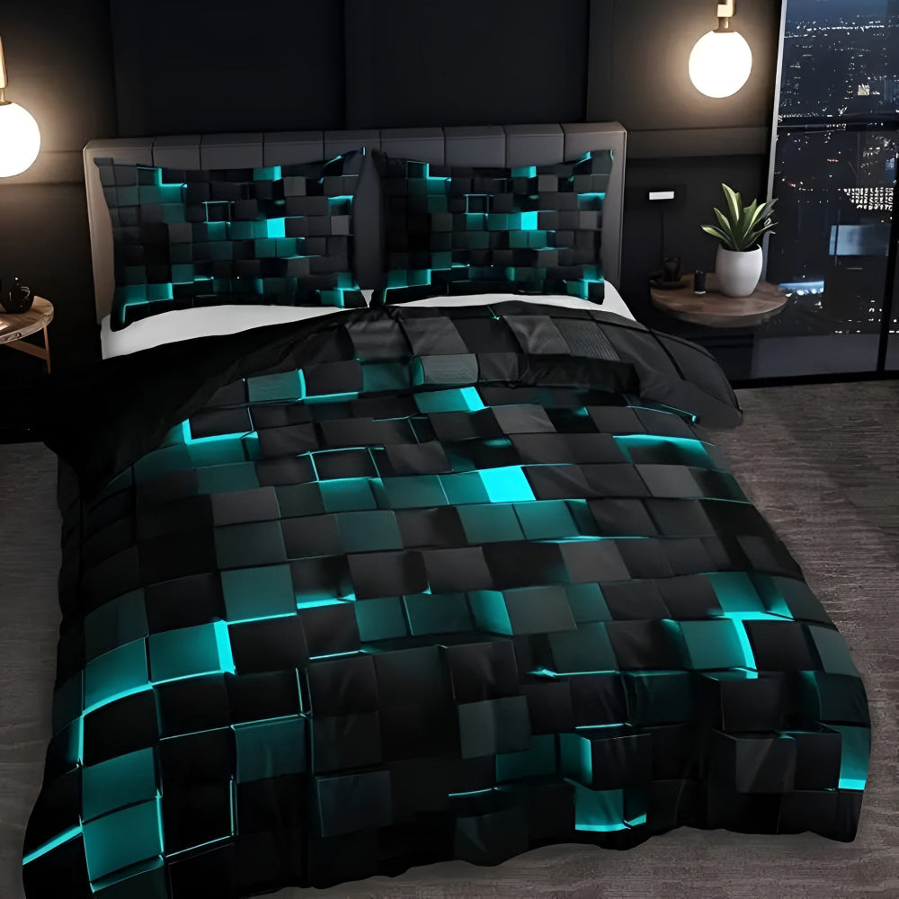 Dekbedovertrek Set Geometrisch Neonpatroon 3-Delig Microvezel Katoen 3D Grid Design All Season Tweepersoons | Sulvida