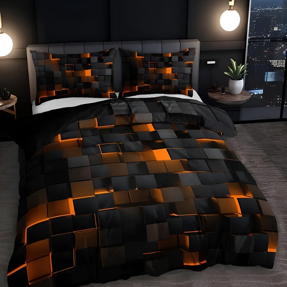 Dekbedovertrek Set Geometrisch Neonpatroon 3-Delig Microvezel Katoen 3D Grid Design All Season Tweepersoons | Sulvida